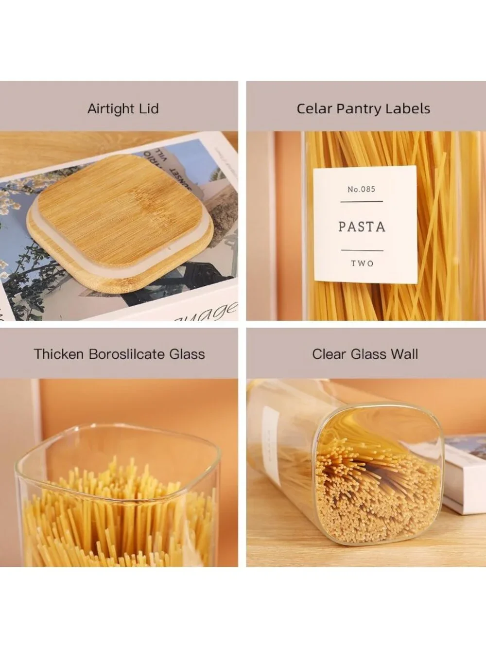 5 Pack Clear Glass Pantry Storage Jars with Airtight Bamboo Lids & 132 Labels